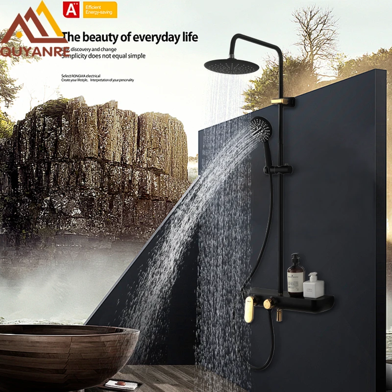 Quyanre Black Gold Shower Faucets Set Rainfall Shower Head 3 Model