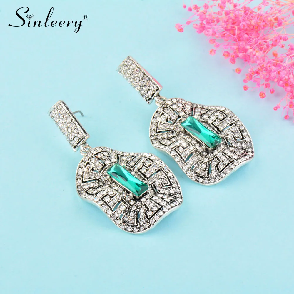 

SINLEERY Luxury Geometric Shape Long Big Drop Earrings For Women Cubic Zirconia Antique Silver Color Vintage Jewelry ES145 SSC