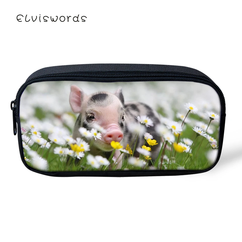 

ELVISWORDS Kids Pencil Case Flower The Little Pig Print Students Stationery Box Kawaii Animal School Pen Bags Women's Beautician