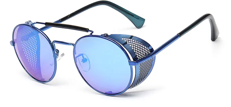Горячие Ретро Круглые Солнцезащитные очки в стиле стимпанк мужские и женские боковые очки Щит металлическая оправа готическое зеркало линзы солнцезащитные очки - Название цвета: Blue Frame Blue