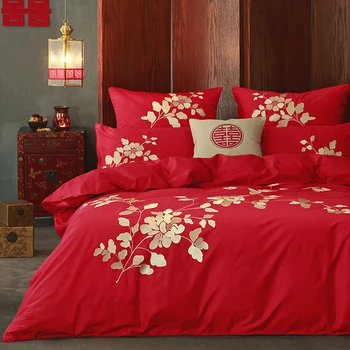 

Wedding Bedding Set 100% Cotton 4/6pcs Bedding Sets Home Textile Ropa De Cama Luxury Gold Embroidery Bed Sheet Duvet Cover Set