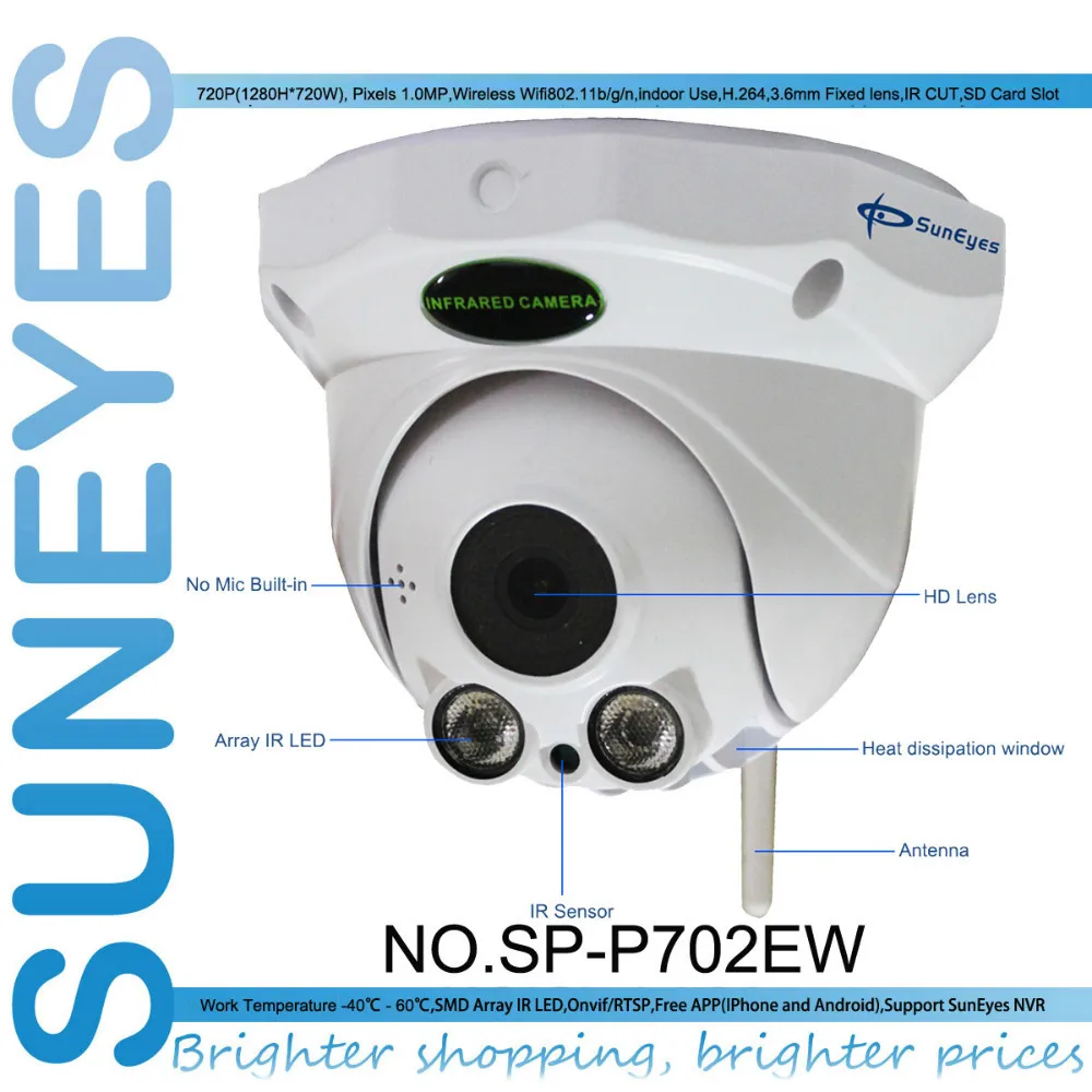 SunEyes SP-P702EW ONVIF 720 P HD Wi-Fi купольная IP камера Камера Беспроводной сетевая