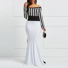 Clocolor Sheath Dress Elegant Women Off Sholuder Long Sleeve Stripes Color Block White Black Bodycon Maxi Mermaid Party Dress Clocolor Sheath Dress Elegant Women Off Sholuder Long Sleeve Stripes Color Block White Black Bodycon Maxi Mermaid Party Dress