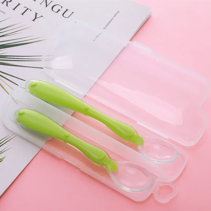 2pcs+box Baby Silicone Spoon Baby Safety Temperature Heat Sensing Thermal Feeding Spoon Kids Children Feeding Dishes Set