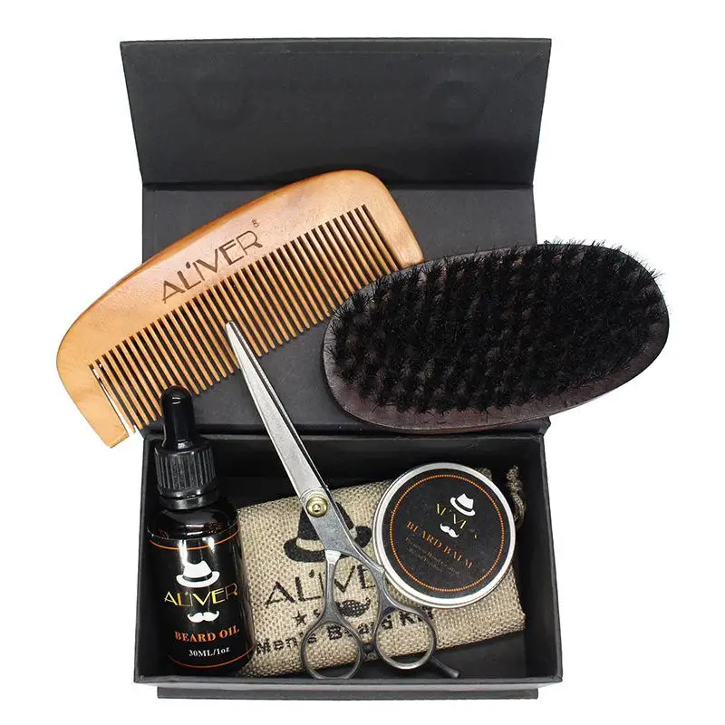 Cheapest 5PCS Man Beard Care kit Beard Cream Oil Comb Beard Brush Scissors