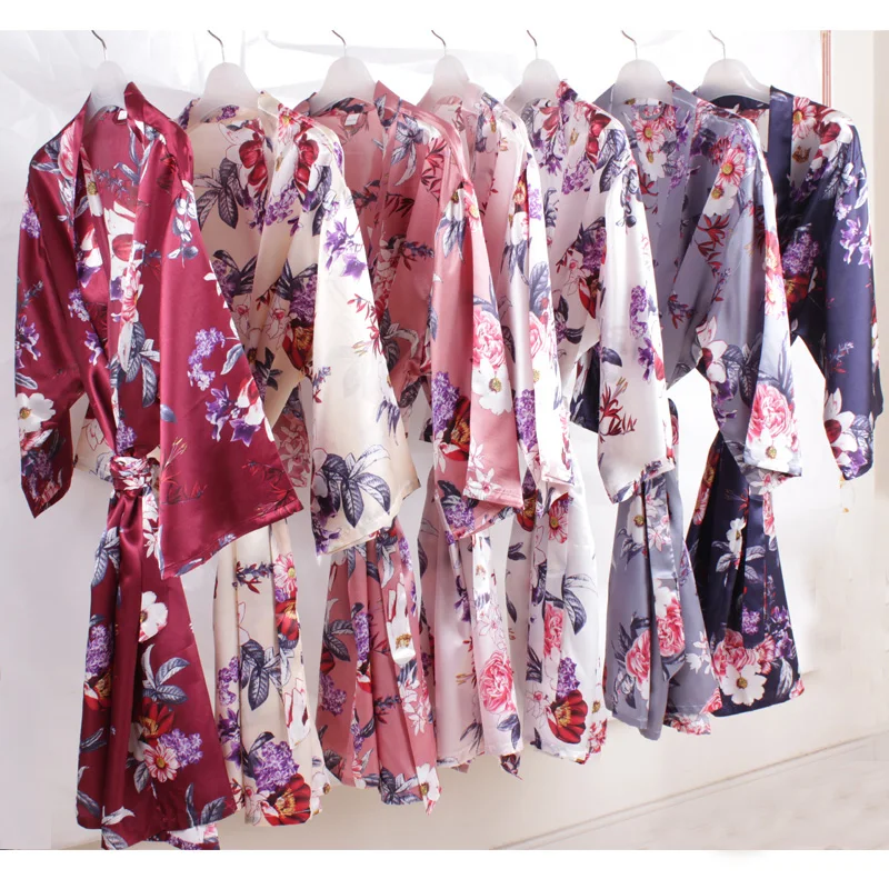 Floral satin Lady night sleepwear Silky Robe Kimono A2360