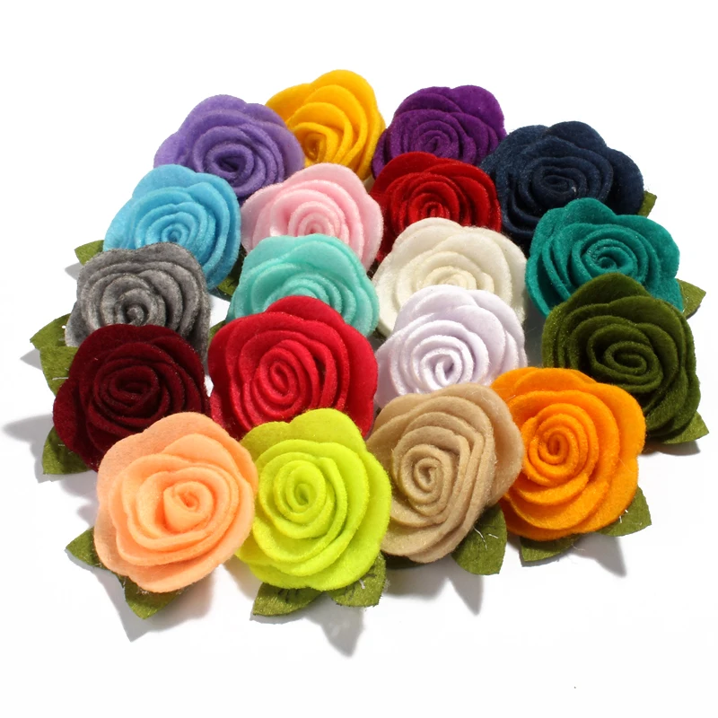 

30pcs/lot 19colors Nonwovens Fabric Flowers with leaves For Kids Hair Accessories Cute Rolled Rose Hair Flowers for Hair Clips