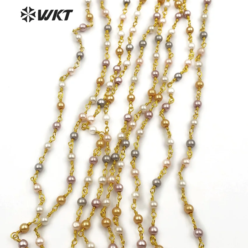 

WT-RBC097 WKT New style rosary chain mix 4mm white yello and pink color pearl beads with brass wire wrapped for girl jewelry