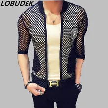 Summer new male thin mesh sun-protective jacket coat tide oversize hollow fashion rash guards blazer short sleeve slim outerwear