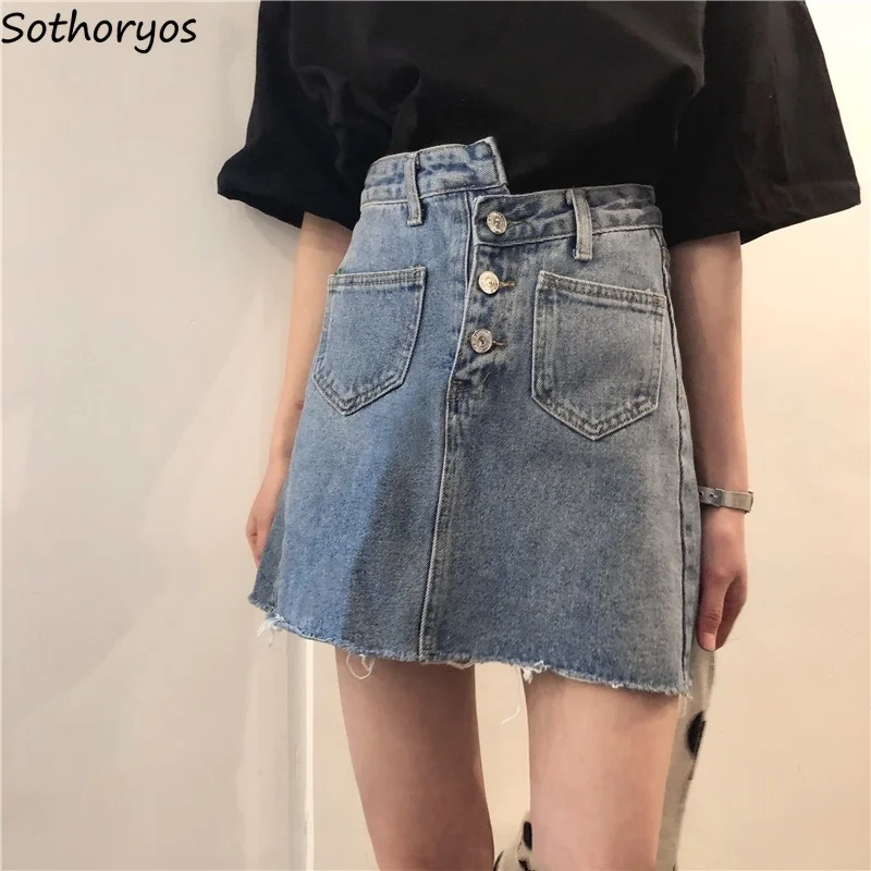

Skirts Women Trendy Korean Retro High-waist A-Line Skirt Irregular Pocket Denim Womens All-match Summer High Quality Soft Female