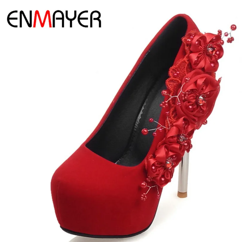 

ENMAYER Womens Wedding High Heels Sexy Red Soft Leather Pumps Spring and Autumn Fashion Shoes Woman Red Flower Charm Size 34-42