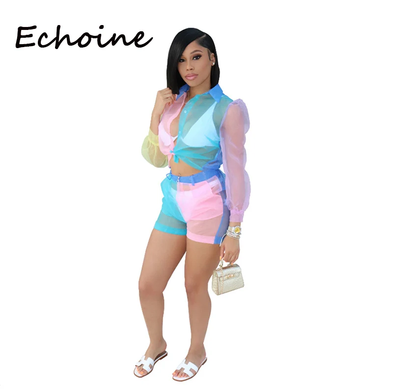 Echoine Colorful Sheer Mesh 2 Piece Set Women See Through Crop Top+ Pants Summer Clothes For Women Tracksuit Sportwear