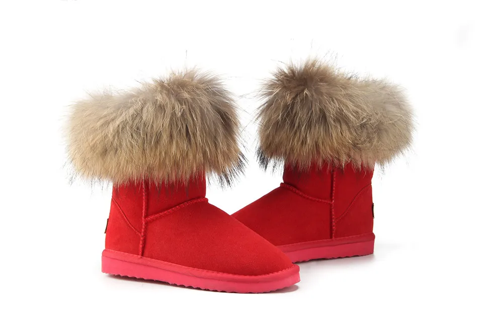 MBR FORCE Fashion Women's Natural Real fox Fur Snow Boots Genuine Cow Leather women Boots Female Warm Winter Boots Shoes