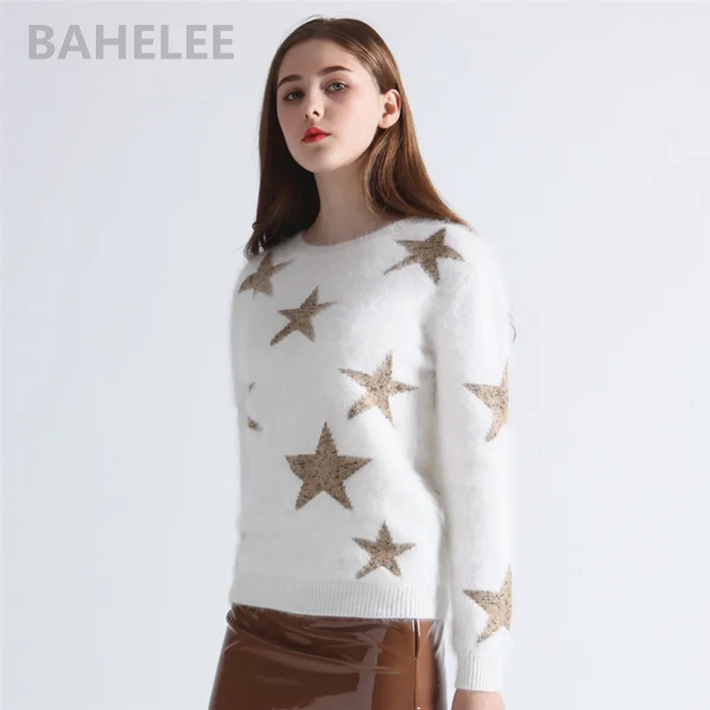 Goede BAHTLEE 2018 winter vrouwen angora konijn truien trui intarsia westerse stijl mode merk warm houden sterren patroon wit