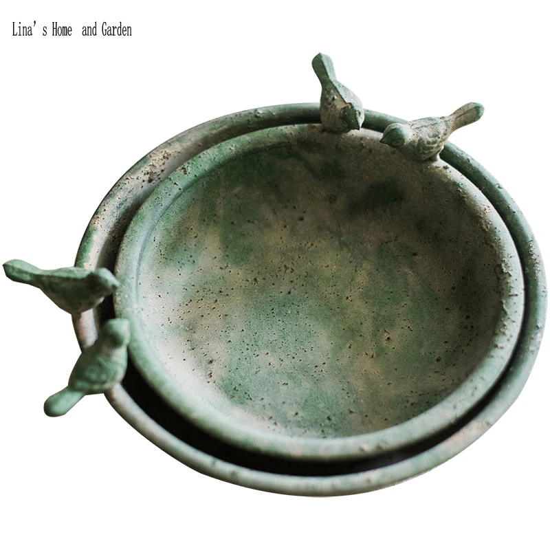 set 2 antique rustic handcrafted round metal tray bird feeder (6)