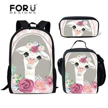 

FORUDESIGNS Cute Girls Alpaca Printing School Bags for Kids 3pcs School Bag Set Children Primary School Backpack Student Bookbag