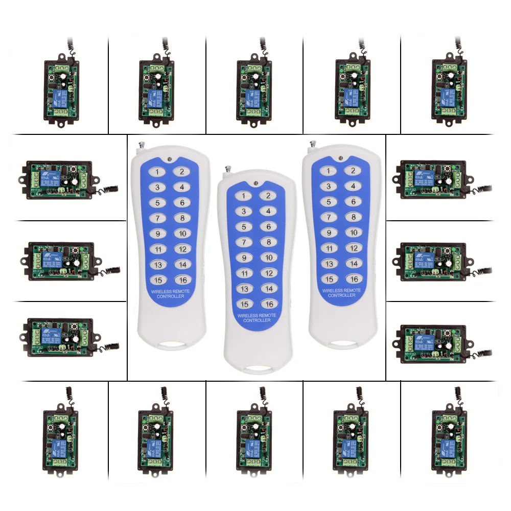 

DC 9V 12V 24V 1 CH 1CH RF Wireless Remote Control Switch System, 3X 16CH Transmitter+16X Receiver,Momentary/Toggle