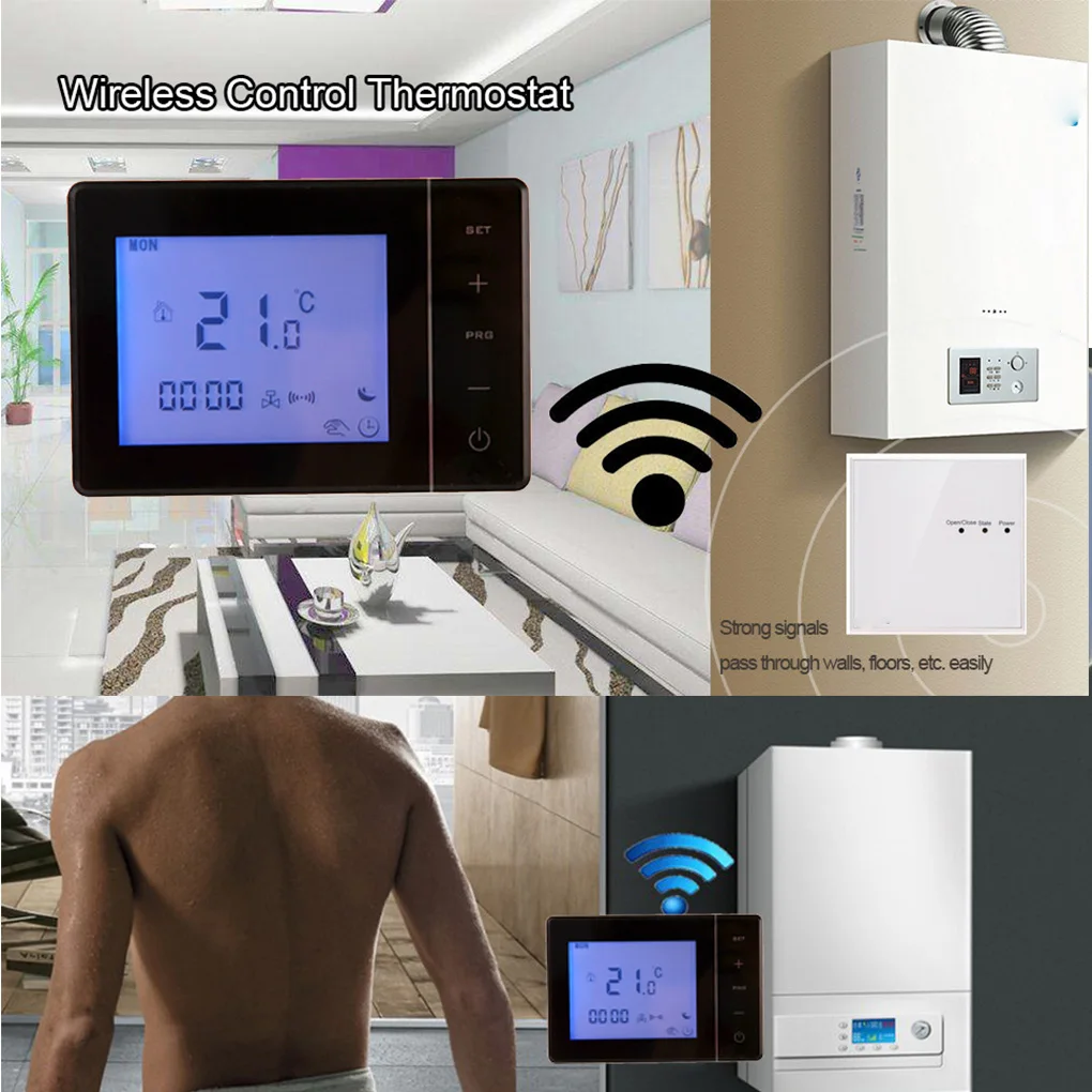 

433MHZ Wireless Gas Boiler Thermostat RF Control 5A Wall-hung Boiler Heating Thermostat Digital LCD Temperature Controller