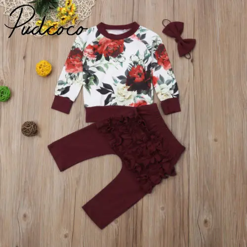 

Spring Autumn Newborn Baby Girl Clothes Set Sweatshirt Flower Tops Shirt Ruffle Pants Leggings 3PCS Outfits 0-24 Months