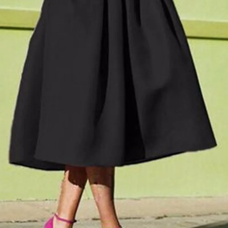 New Female Fashion Street Style Women's Skirt Solid Casual Flare High Waist Pleated Pockets Vintage Skirts