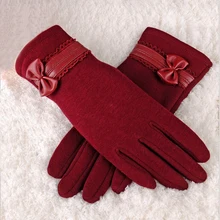 Женские варежки с бантом, перчатки для экрана, элегантные мягкие зимние теплые перчатки с бантом на запястье, женские рождественские перчатки с открытыми пальцами