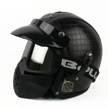 

Open Face helmet motorcycle with goggle Screen Faux Leather vintage Motorbike Headgear Casque Casco, M/L/XL