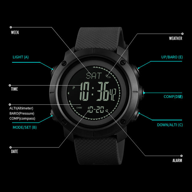 SKMEI Outdoor Sports Watches Fashion Compass Altimeter Barometer Thermometer Digital Watch Men Hiking Wristwatches relogio