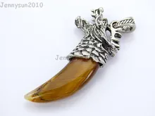 Natural Tiger’s Eye Gems stones Claw Paw Tibetan Silver Carved Dragon Head Pendant Beads for Jewelry Design 10Pcs/Pack