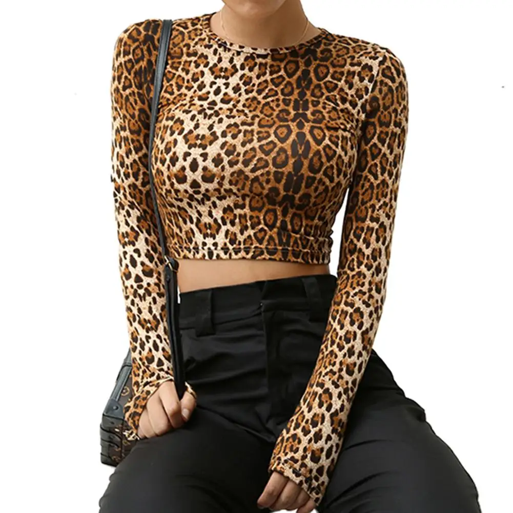 

2019 New Yfashion Women Long Sleeve Leopard Printing Short Pullover Midriff-baring Shirt