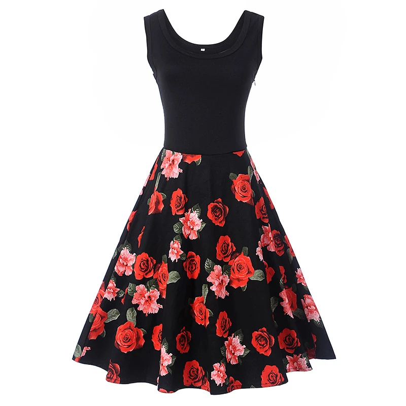 Kostlish Tank Summer Dress Women Sleeveless Patchwork Print Vintage Dress 2017 Elegant Swing Rockabilly Party Dresses Sundress (1)