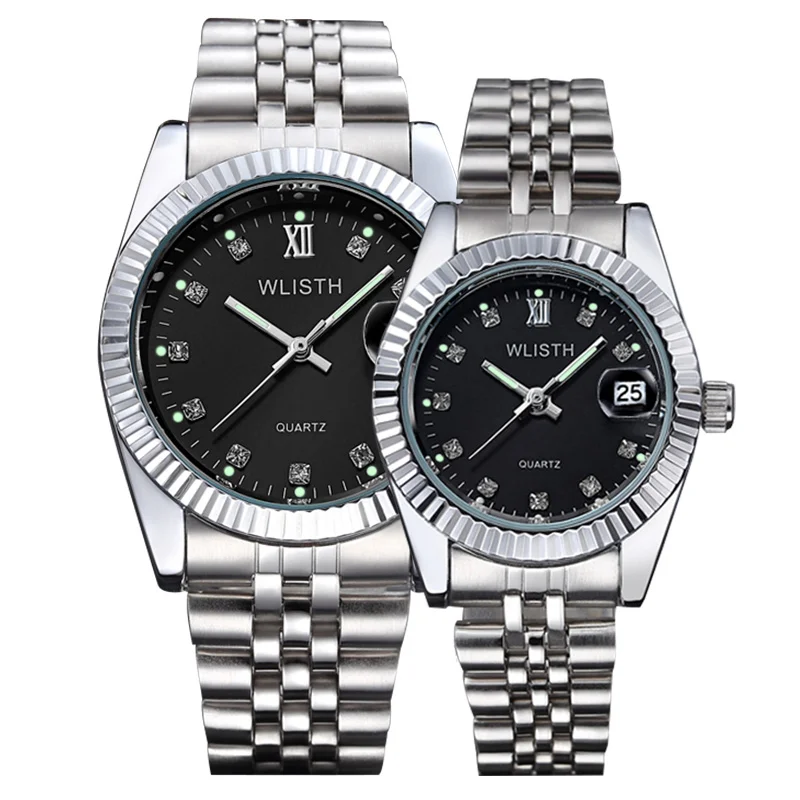 Wlith, часы для влюбленных, набор, кварцевые наручные часы для женщин, часы для мужчин, лучший бренд, роскошные часы для девушек, календарь, Relogio Feminino Hodinky - Цвет: silver black