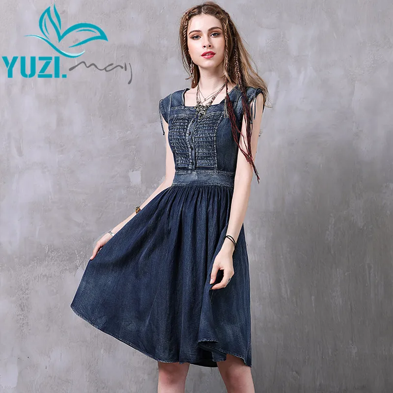 

Summer Dress 2017 Yuzi.may Boho New Denim Vestidos Square Collar Sleeveless A-Line Washed Women Dresses A8225 Vestido Feminino