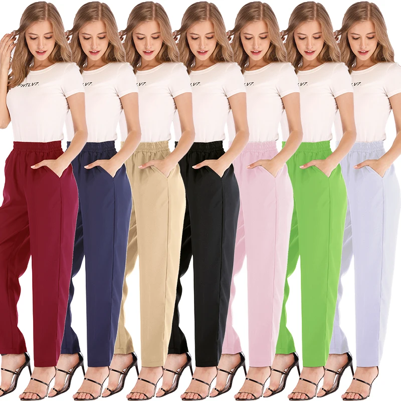 Autumn Women Vintage Solid Trousers Casual Elastic High
