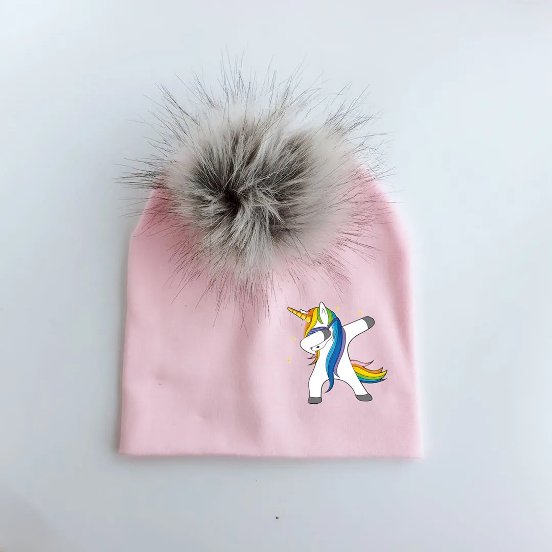 Детская хлопковая разноцветная шапочка с единорогом на весну и зиму, шапка куполообразная для девочек и мальчиков, шапка с помпонами из искусственного меха - Цвет: pink 6