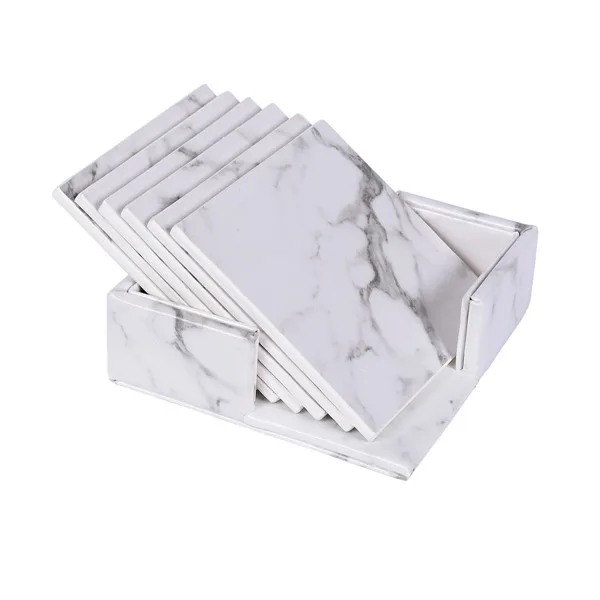 white square Креативная подставка для стаканов из искусственной кожи Мраморная Подставка для стаканов, напитков, кофейных чашек, чайных подушечек, обеденных столов, столовых приборов, черного и белого цветов, шикарное украшение 6 шт - Цвет: white square