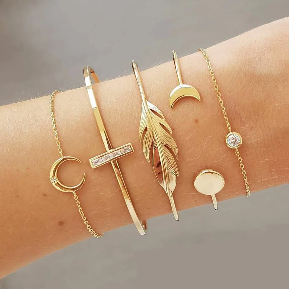 

Bohemia Golden Crystal Charm Bracelets Set Women Classic Arrow Knot Moon Gem Bangles Fashion Female Bracelet party Jewelry Gift