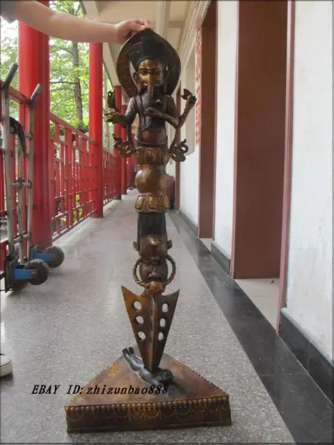 

41" Tibet Bronze gild pestle four armed Elephant head pestle jin gang chu Statue Garden Decoration 100% real Brass Bronze