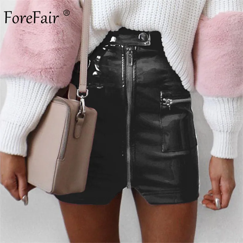 Forefair Zip Mini Leather Skirt Women Autumn Winter Fashion Club White Black Pockets Glossy Skinny High Waist Sexy Skirt - Цвет: Black Skirt