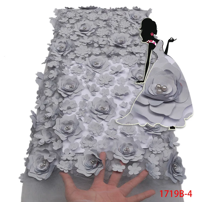 

2019 High Quality Nigerian Lace 3D Flowers Fabric Beautiful African Tulle Mesh Lace Fabric with Beads AMY1719B