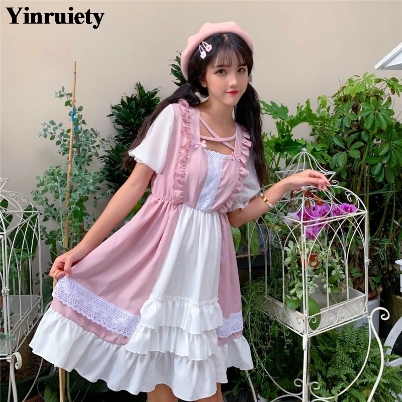 

Japanese Soft Sister Summer Women Lolita Princess Dress Gothic Bandage Contrast Color Lace Dress Ruffles Sweet Girl Party Dress
