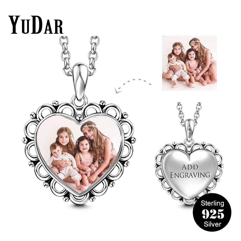 

Personalized 925 Sterling Silver Heart Photo Necklace Antique Engravable Name Necklaces Gifts for Family Lovers Girls YDS-1091