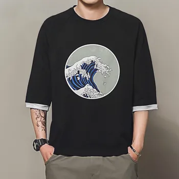 

Summer Cotton T Shirts Men Waves Printed Men's Fitness Three Quarter Sleeve T Shirt O-Neck Fashion New Brand Printed Tshirt