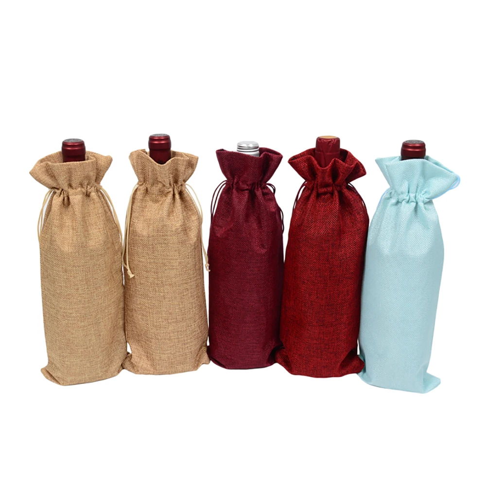 1 pc 15*35cm Rustic Jute Burlap Wine Drawstring Bags Wine Bottle Covers Reusable Bottle Wrap Gift Package Wine Bags