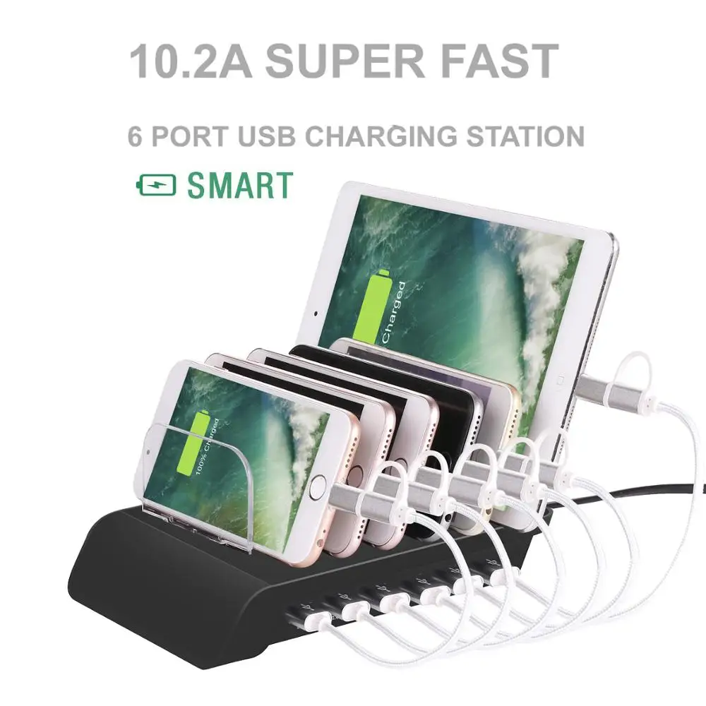 

6 Port USB Charging Station Universal Desktop Tablet & Smartphone Multi-Device Hub Charging Dock for iPhone, iPad, Galaxy Tablet