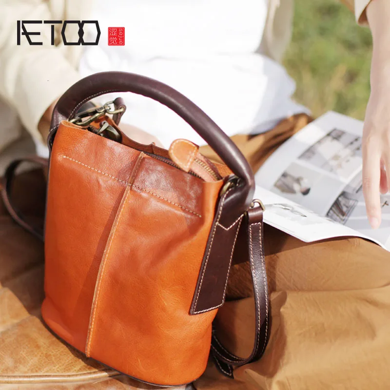 

AETOO Original designer new first layer cowhide bucket bag soft handmade leather casual handbag shoulder Messenger bag