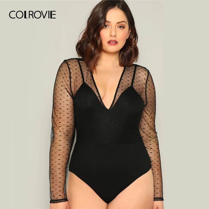 

COLROVIE Plus Size Black V Neck Contrast Dot Mesh Elegant Bodysuit Women 2019 Spring Long Sleeve Stretchy Sexy Ladies Bodysuits