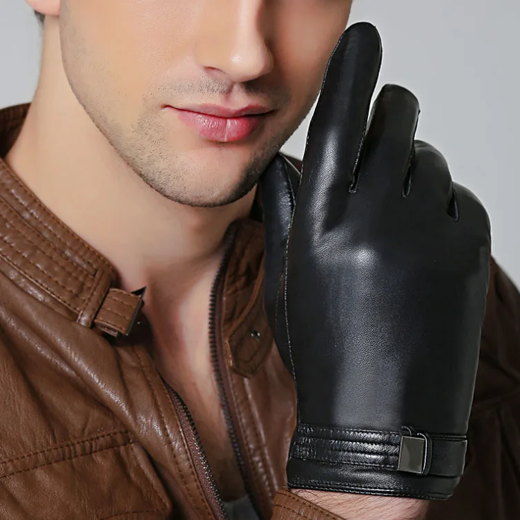 Мужская сенсорный экран Зима смски водительские перчатки из натуральной кожи флисовой подкладкой Черный M, L, XL