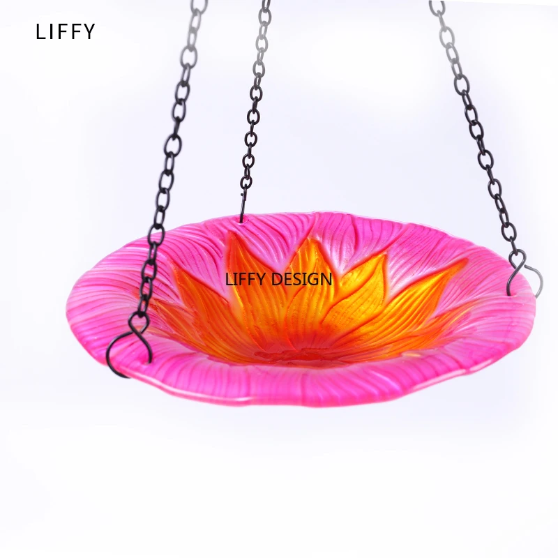 Liffy Hanging Bird Bath Blue Flower Glass Bowl Feeder for Garden Decoration Yard and Patio and Bathroom Accessories for Bird