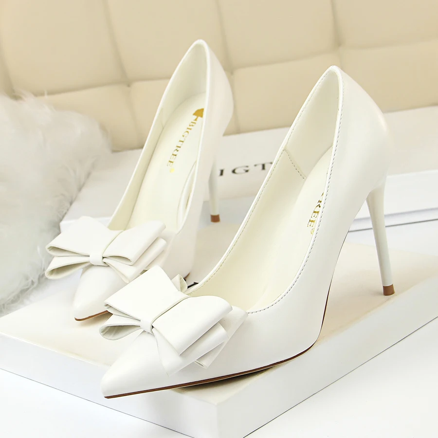 

Sweet bow high heels pumps women shoes 2018 fashion pointed toe candy colors ladies shoes 10cm thin heels women plus size 34-43