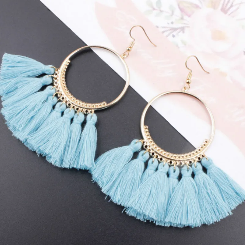 

RONGBIN Vintage Big Fan Fringe Earrings Pink Black Red Blue Brush Tassel Earrings Drops Big Large Chandelier Brincos Fashion